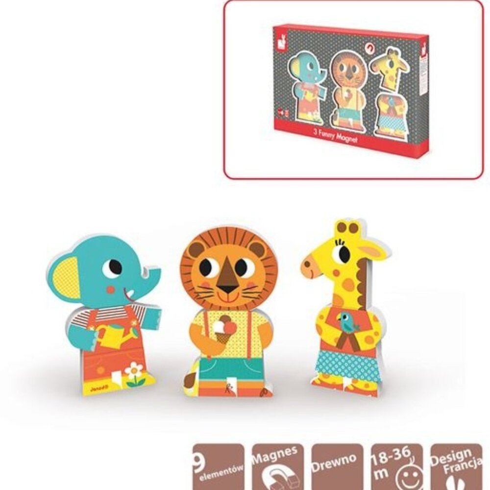 Janod Funny Wooden Magnets 3 Animals -A Day At The Zoo  Brand New  For 18 Months